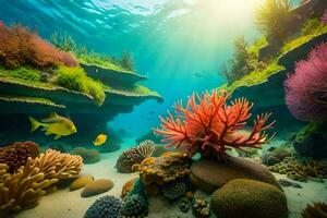 an underwater scene with coral reefs and fish. AI-Generated photo