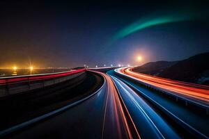 un largo exposición foto de un autopista a noche. generado por ai