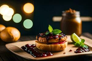 a dessert with berries and a slice of lime. AI-Generated photo
