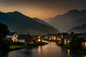 foto fondo de pantalla el cielo, montañas, río, casas, el noche, el montañas, el río. generado por ai