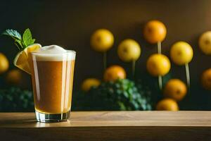 un vaso de naranja jugo con un menta hoja en cima. generado por ai foto