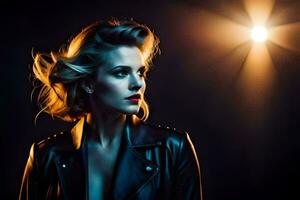 a beautiful woman in a leather jacket. AI-Generated photo