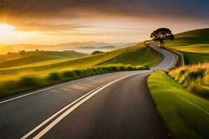 a road in the countryside with a tree in the foreground. AI-Generated photo
