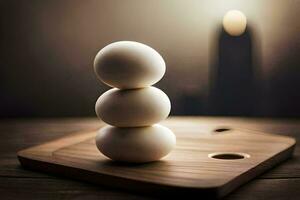 three eggs on a wooden cutting board. AI-Generated photo