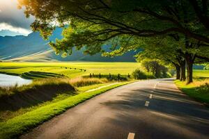 a road with trees and grass in the middle of a field. AI-Generated photo