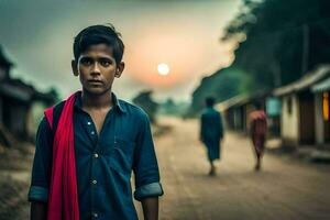 a young boy stands in the middle of a road. AI-Generated photo