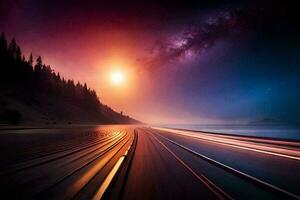 un largo exposición foto de un autopista a noche. generado por ai