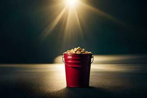 a red bucket filled with peanuts on a dark surface. AI-Generated photo