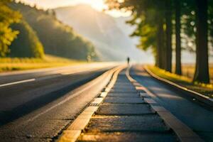 a man walking down the middle of an empty road. AI-Generated photo