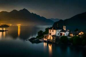 photo wallpaper the sky, mountains, lake, church, the moon, the lake, the church. AI-Generated