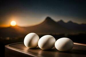 Tres huevos en un mesa con montañas en el antecedentes. generado por ai foto