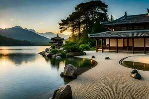 a japanese style house on the shore of a lake. AI-Generated photo