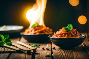 two bowls of food with a flame on a wooden table. AI-Generated photo