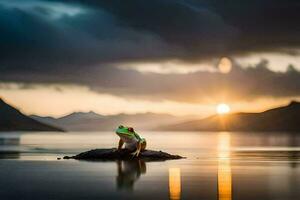 a frog sitting on a rock in the water at sunset. AI-Generated photo
