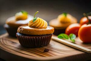 cupcakes with caramel and cherry on a wooden cutting board. AI-Generated photo