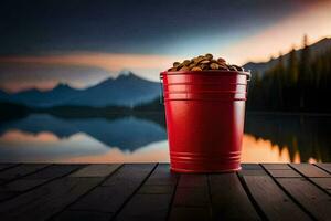 a red bucket of peanuts on a wooden deck overlooking a lake. AI-Generated photo