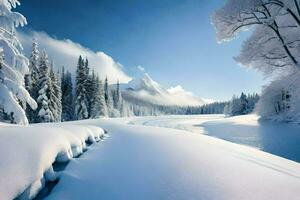 un Nevado paisaje con arboles y nieve. generado por ai foto