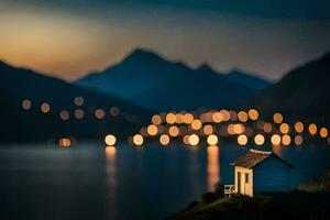 a small house sits on the edge of a lake at dusk. AI-Generated photo