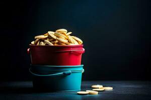 a stack of chips in a bucket on a dark background. AI-Generated photo