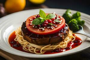 a plate with spaghetti and meat on top. AI-Generated photo