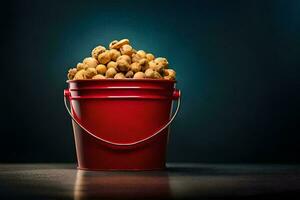 a red bucket filled with peanuts on a dark background. AI-Generated photo