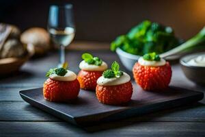 strawberries with cream and herbs on a wooden tray. AI-Generated photo