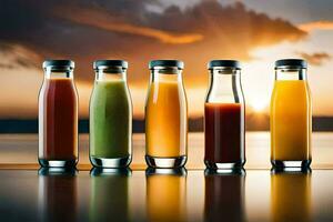 cinco botellas de jugo con diferente colores. generado por ai foto