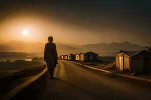 a man walks down a road in front of a sunset. AI-Generated photo