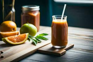 un vaso de naranja jugo con un Paja y naranjas generado por ai foto