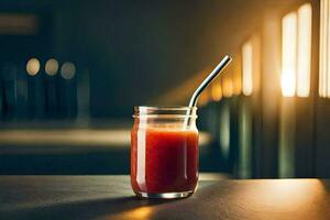 a glass of juice with a straw sitting on a table. AI-Generated photo