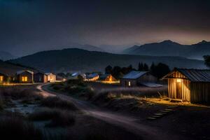 a small village at night with mountains in the background. AI-Generated photo