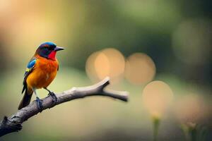 a colorful bird sits on a branch in front of a blurry background. AI-Generated photo