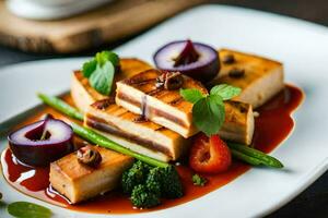 un plato de comida con tofu, brócoli y otro vegetales. generado por ai foto