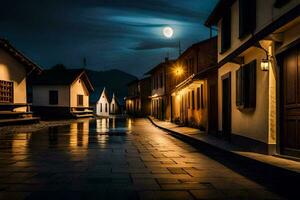 a street at night with a full moon. AI-Generated photo