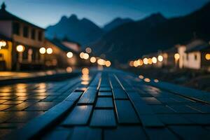 a long wooden walkway in the middle of a town. AI-Generated photo