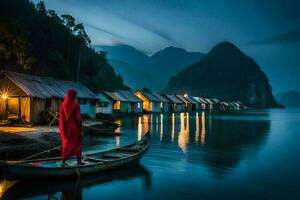 a woman in red standing on a boat in front of a row of houses. AI-Generated photo