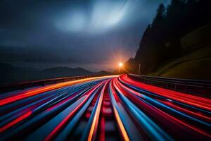 un largo exposición foto de un autopista a noche. generado por ai