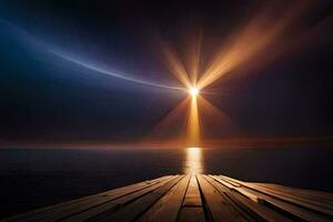 a wooden dock with a light shining over the water. AI-Generated photo
