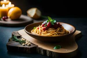 spaghetti with cranberry sauce in a wooden bowl. AI-Generated photo