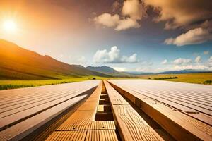 a wooden bridge over a field with mountains in the background. AI-Generated photo