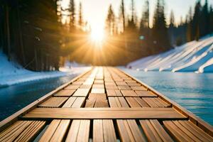 a wooden bridge over a lake in the winter. AI-Generated photo