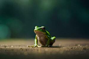 a frog sitting on the ground in front of a blurry background. AI-Generated photo