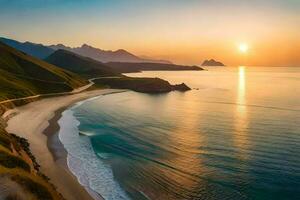 el Dom conjuntos terminado un playa y montañas. generado por ai foto