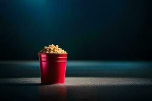 un rojo taza lleno con palomitas de maiz en un oscuro antecedentes. generado por ai foto