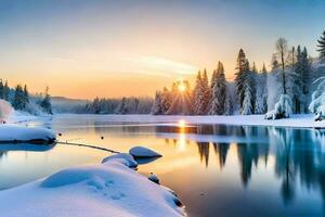 a beautiful winter scene with snow covered trees and a river. AI-Generated photo