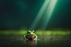 a frog sitting on the ground in front of a green light. AI-Generated photo