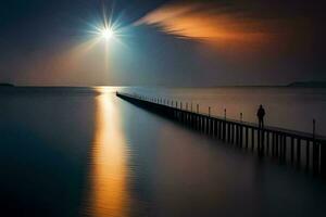 a man stands on a pier looking at the sun. AI-Generated photo