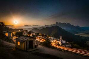 the sun sets over a village in the mountains. AI-Generated photo