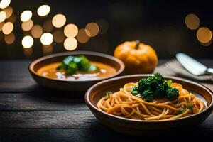 spaghetti with pumpkin soup and broccoli on a wooden table. AI-Generated photo