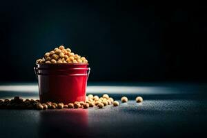 a bucket of soybeans on a dark table. AI-Generated photo